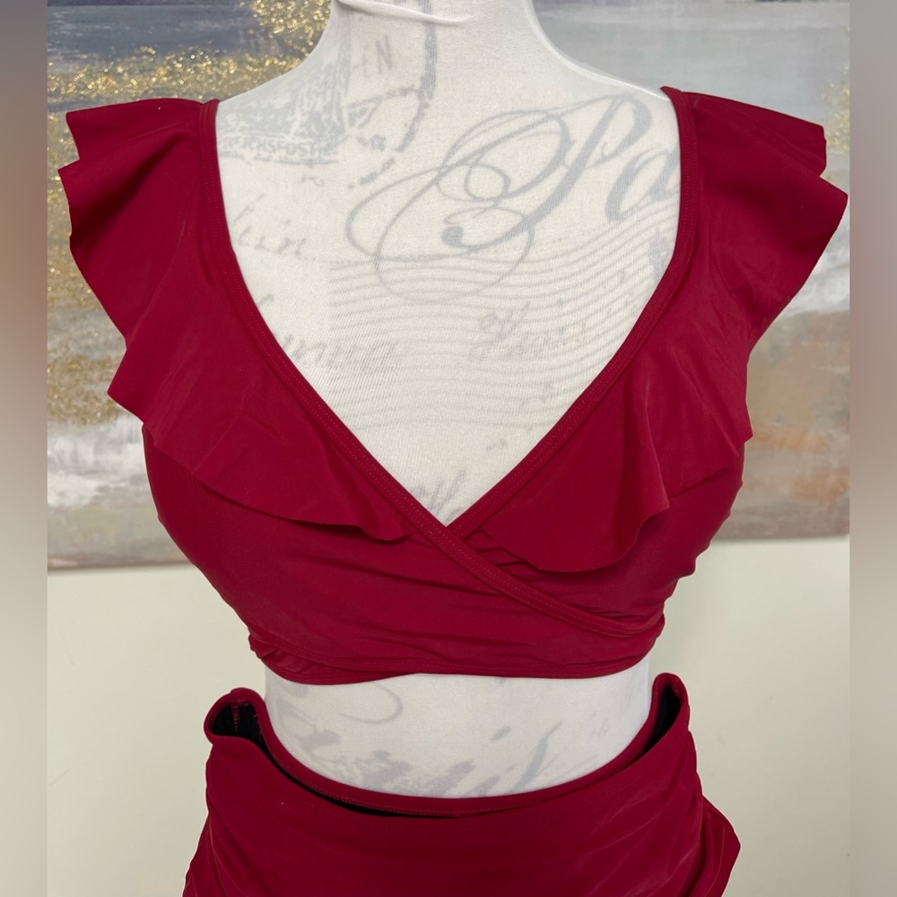 Al'MAGE Women High Waisted 2 piece Bikini, Tummy Control, Dark Red Size M - Picture 7 of 14